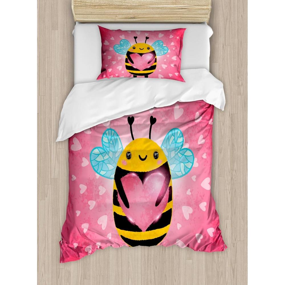 imageAmbesonne Queen Bee Duvet Cover Set Valentines Day Themed Bumblebee Holding a Giant Heart Cartoon Style Decorative 2 Piece Bedding Set with 1 Pillow Sham Twin Size Blue Yellow