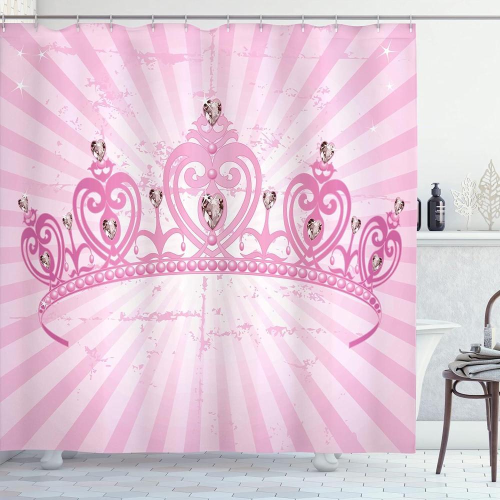 imageAmbesonne Queen Shower Curtain Theme Pink Heart Shaped Cartoon Crown on Radial Backdrop Romantic Cloth Fabric Bathroom Decor Set with Hooks 69 W x 70 L Pink Pale Pink