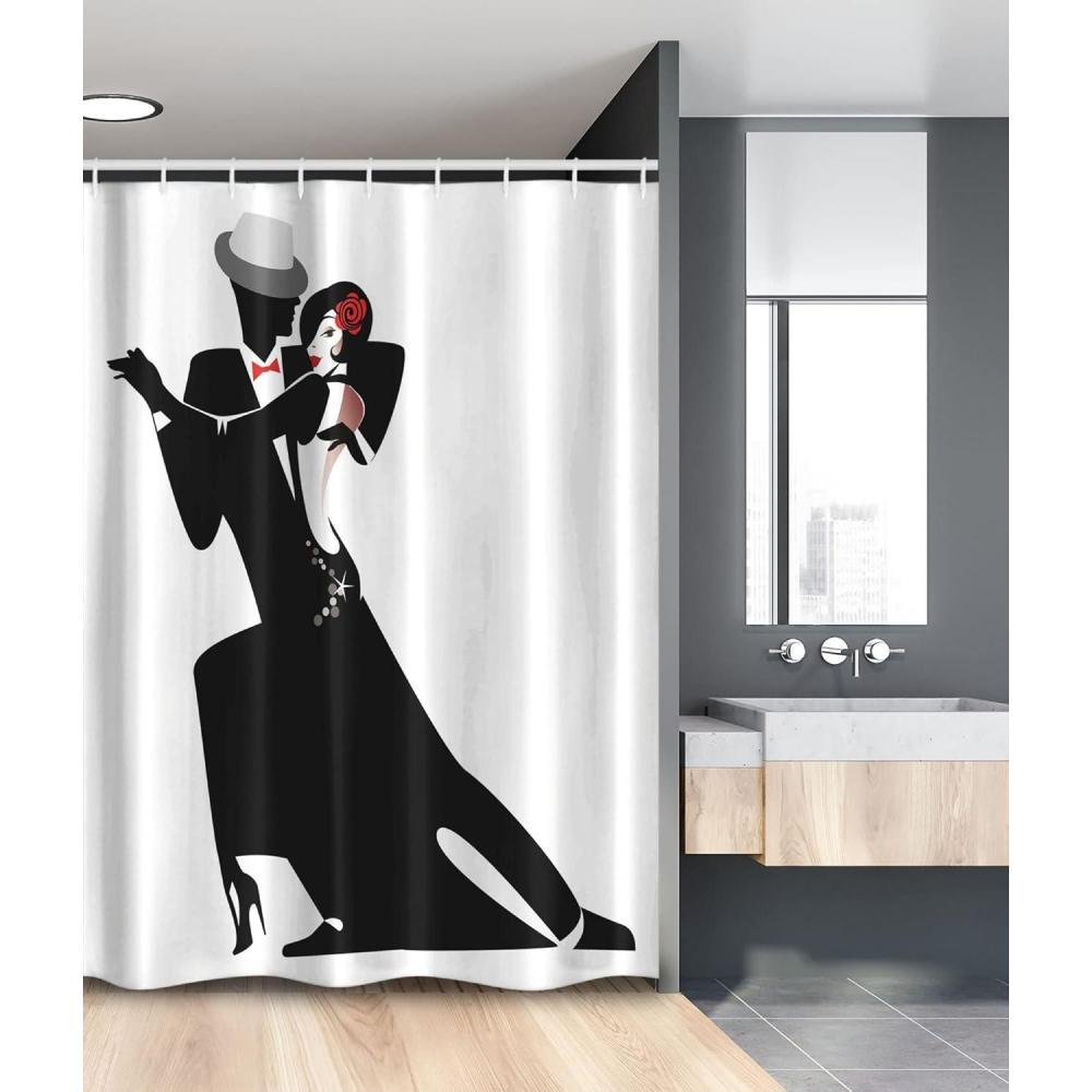 imageAmbesonne Retro Stall Shower Curtain Man and Woman Partners Romantic Dance Tango Waltz Lovers in Rhythmic Music Art Print Fabric Bathroom Decor Set with Hooks 54 W x 78 L White Black