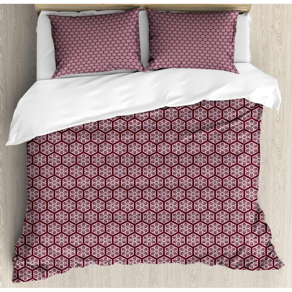 imageAmbesonne Romantic Duvet Cover Sets Geometric Horizontal Oval Rows Drawn Along Little Hearts Valentines Bedding Set with 2 Duvet Covers amp 4 Pillowcases 2 Pack King Size Almond Green and WhiteMaroon White
