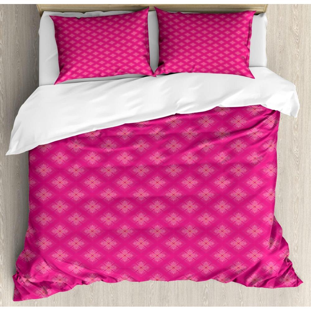 imageAmbesonne Romantic Duvet Cover Sets Geometric Horizontal Oval Rows Drawn Along Little Hearts Valentines Bedding Set with 2 Duvet Covers amp 4 Pillowcases 2 Pack King Size Almond Green and WhiteHot Pink