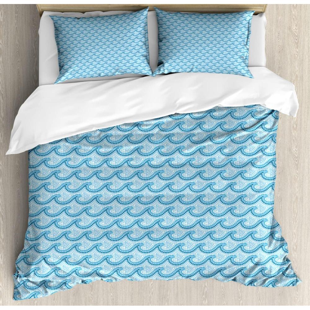 imageAmbesonne Romantic Duvet Cover Sets Geometric Horizontal Oval Rows Drawn Along Little Hearts Valentines Bedding Set with 2 Duvet Covers amp 4 Pillowcases 2 Pack King Size Almond Green and WhitePale Azure Blue