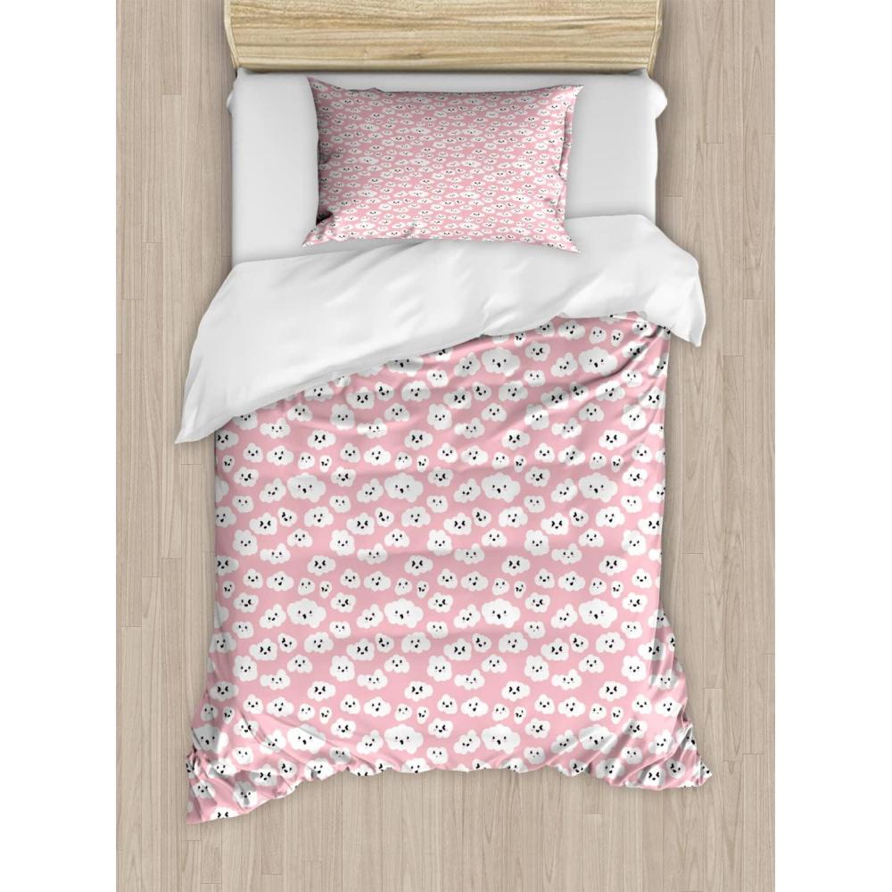 imageAmbesonne Romantic Duvet Cover Sets Geometric Horizontal Oval Rows Drawn Along Little Hearts Valentines Bedding Set with 2 Duvet Covers amp 4 Pillowcases 2 Pack King Size Almond Green and WhitePale Pink Charcoal Grey