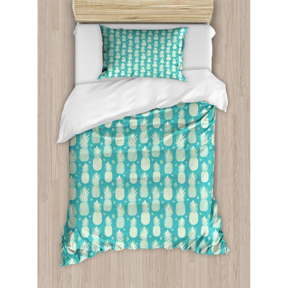 imageAmbesonne Romantic Duvet Cover Sets Geometric Horizontal Oval Rows Drawn Along Little Hearts Valentines Bedding Set with 2 Duvet Covers amp 4 Pillowcases 2 Pack King Size Almond Green and WhitePale Yellow Turquoise