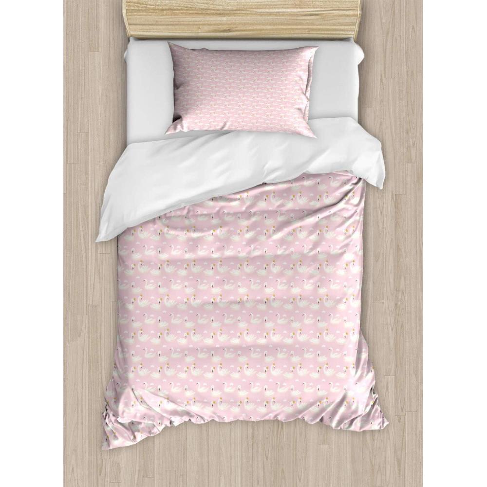 imageAmbesonne Romantic Duvet Cover Sets Geometric Horizontal Oval Rows Drawn Along Little Hearts Valentines Bedding Set with 2 Duvet Covers amp 4 Pillowcases 2 Pack King Size Almond Green and WhitePale Pink Cream