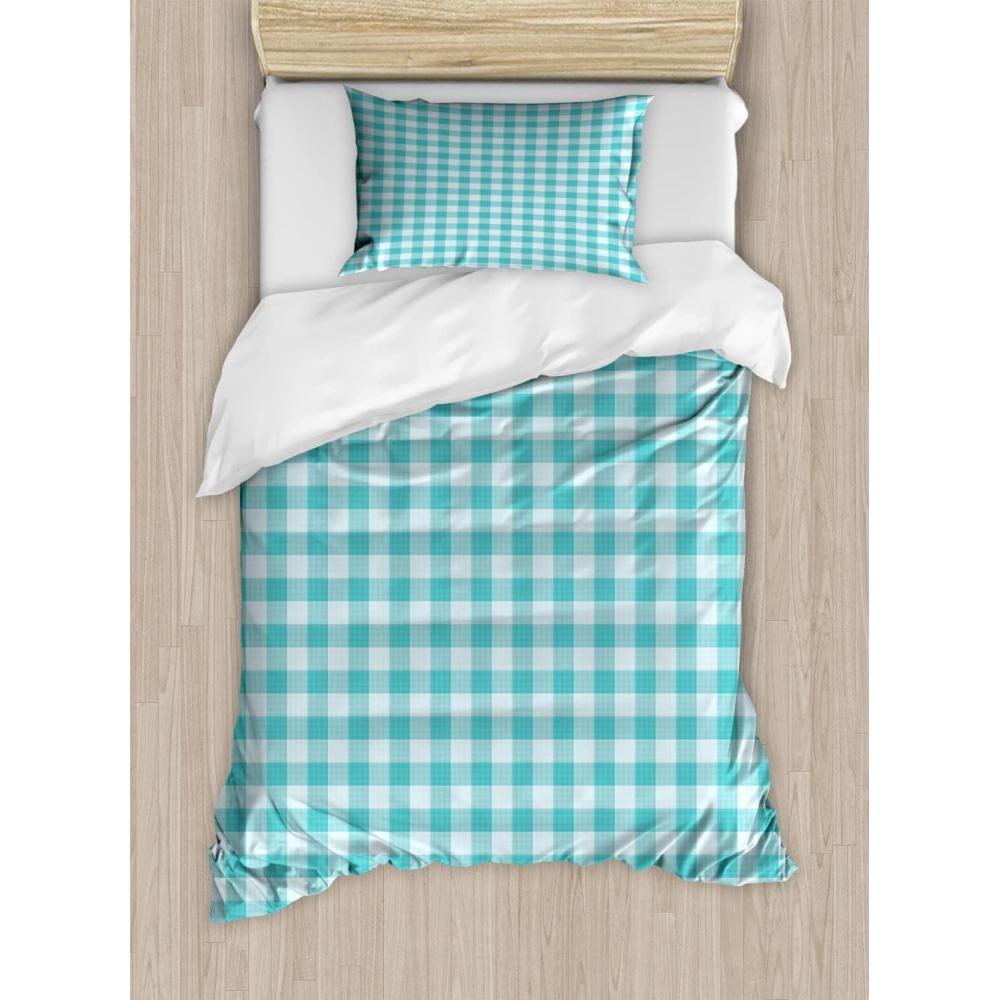 imageAmbesonne Romantic Duvet Cover Sets Geometric Horizontal Oval Rows Drawn Along Little Hearts Valentines Bedding Set with 2 Duvet Covers amp 4 Pillowcases 2 Pack King Size Almond Green and WhitePale Blue Turquoise
