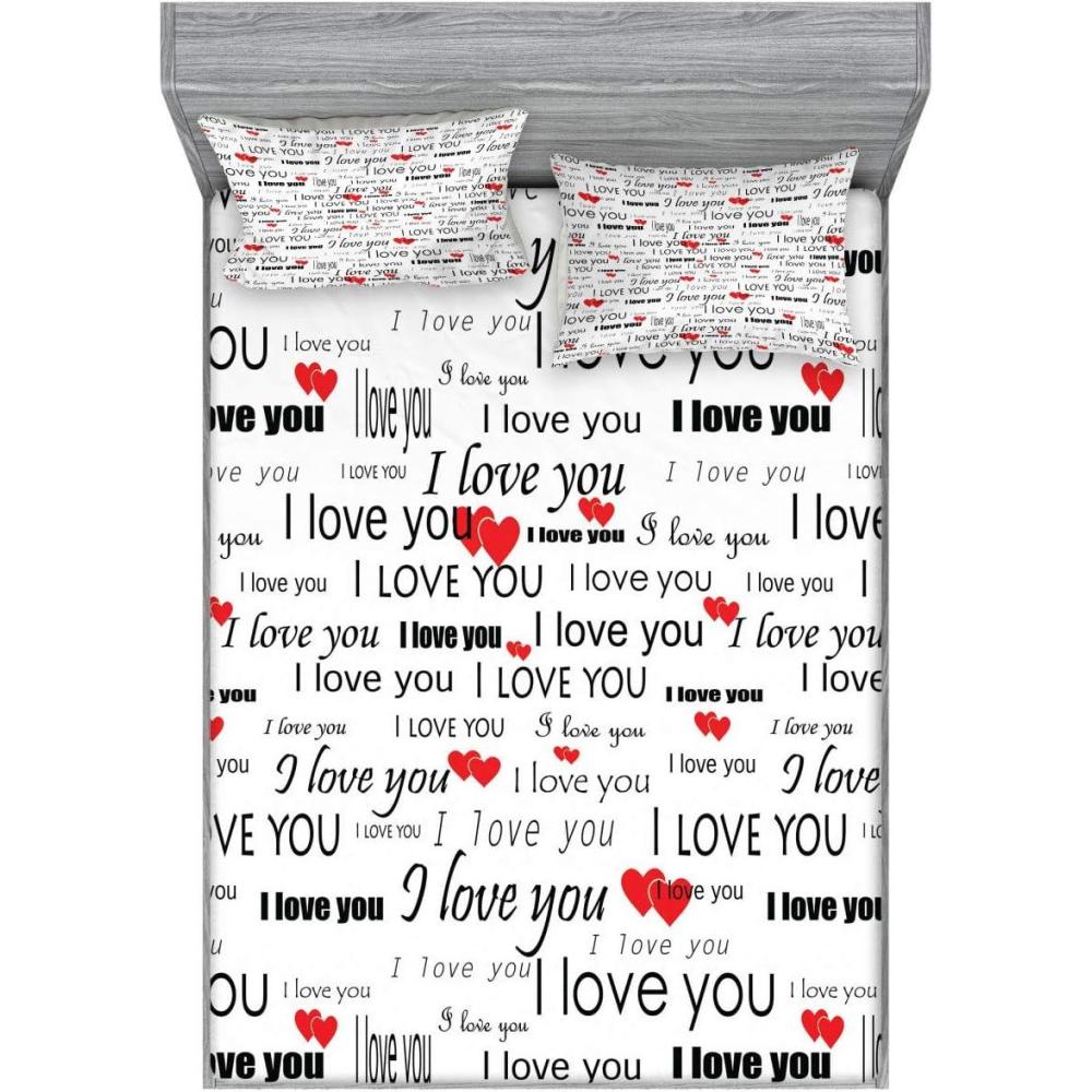 imageAmbesonne Romantic Fitted Sheet amp Pillow Sham Set I Love You Words Hearts Romance Couple Valentine Plain Backdrop Decorative Printed 3 Piece Bedding Decor Set King Vermilion White