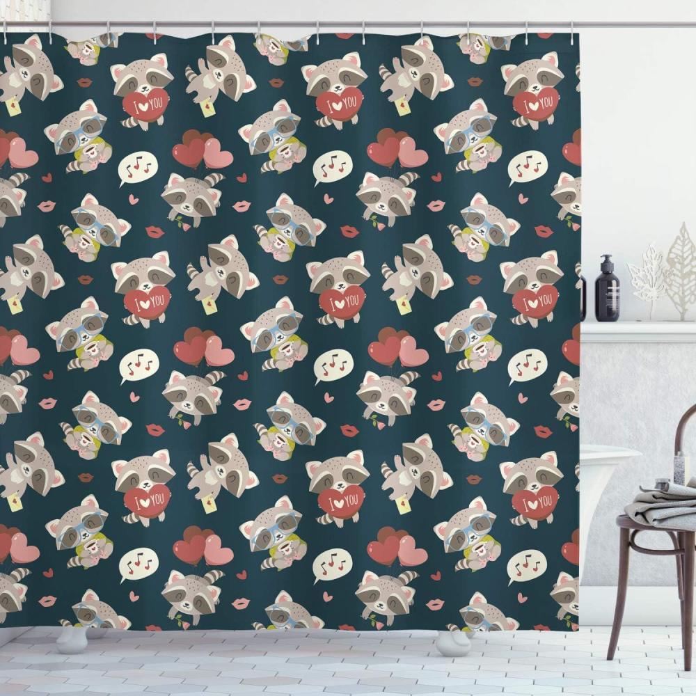 imageAmbesonne Romantic Shower Curtain Raccoon with I Love You Heart Kisses Birthday Celebration Graphic Cloth Fabric Bathroom Decor Set with Hooks 69 W x 75 L Multicolor