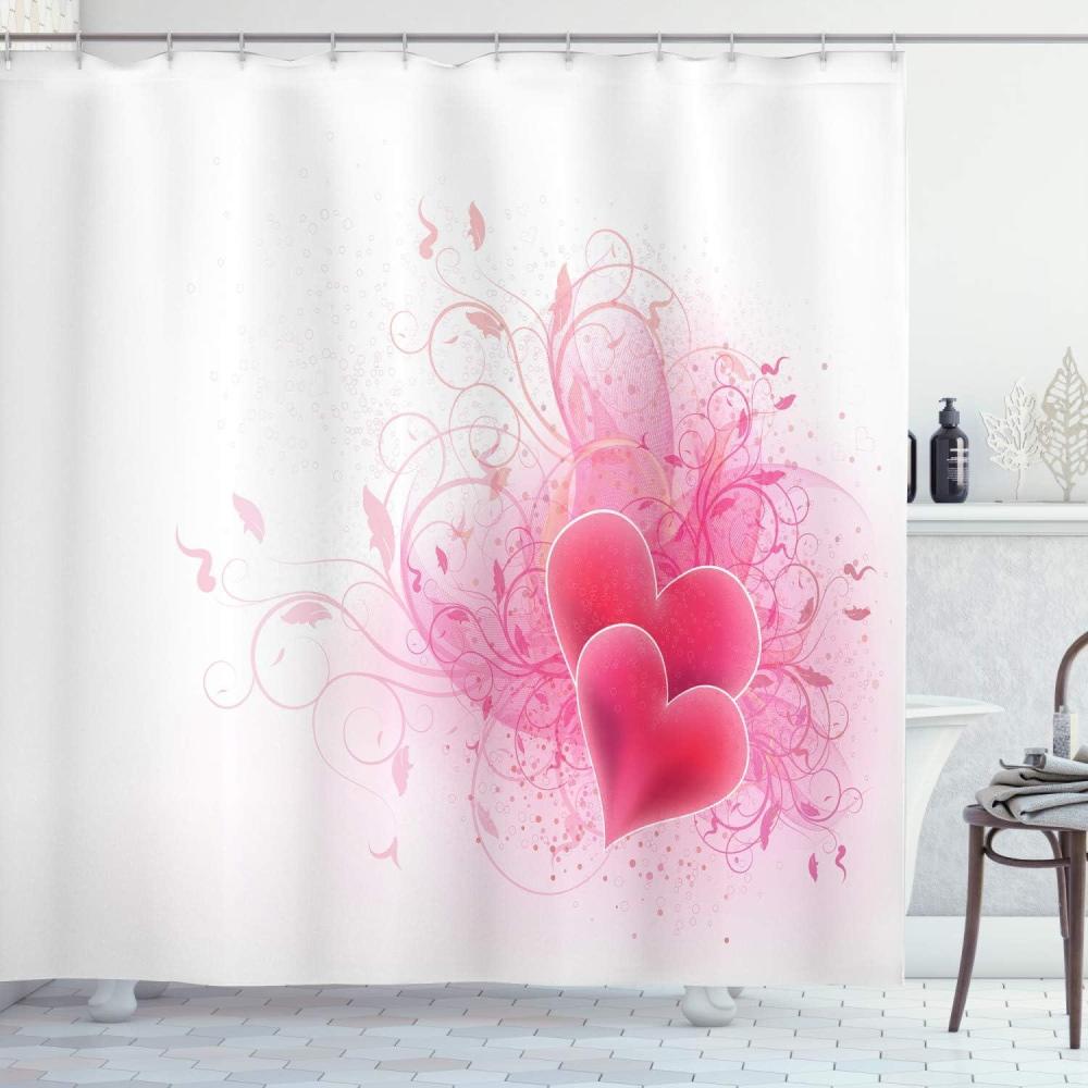 imageAmbesonne Romantic Shower Curtain Valentines Day Themed Hearts Floral Arrangement Amour Illustration Cloth Fabric Bathroom Decor Set with Hooks 69 W x 75 L Pink White