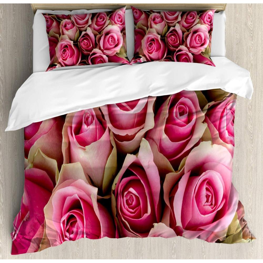 imageAmbesonne Rose Duvet Cover Sets Blooming Fresh Pink Roses Bridal Bouquet Romance Sweetheart Valentine Bedding Set with 2 Duvet Covers 4 Pillowcases 2 Pack Cal King Size Pink Pale Green