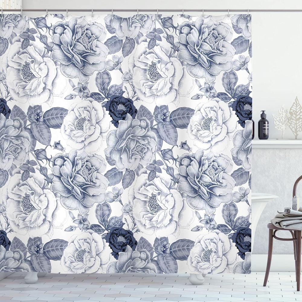 imageAmbesonne Shabby Flora Shower Curtain Garden Spring Roses Buds with Leaves Flowers Romantic Image Art Cloth Fabric Bathroom Decor Set with Hooks 69 W x 84 L Blue Grey and White