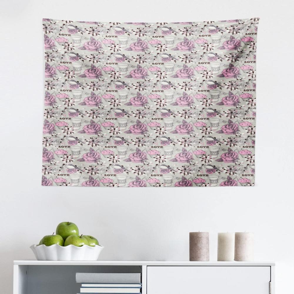 imageAmbesonne Tea Party Tapestry Ornate Teacup and Pot with Romantic Roses Birds Valentines Day Themed Image Fabric Wall Hanging Decor for Bedroom Living Room Dorm 28 X 23 Pale Pink DustPale Pink Dust
