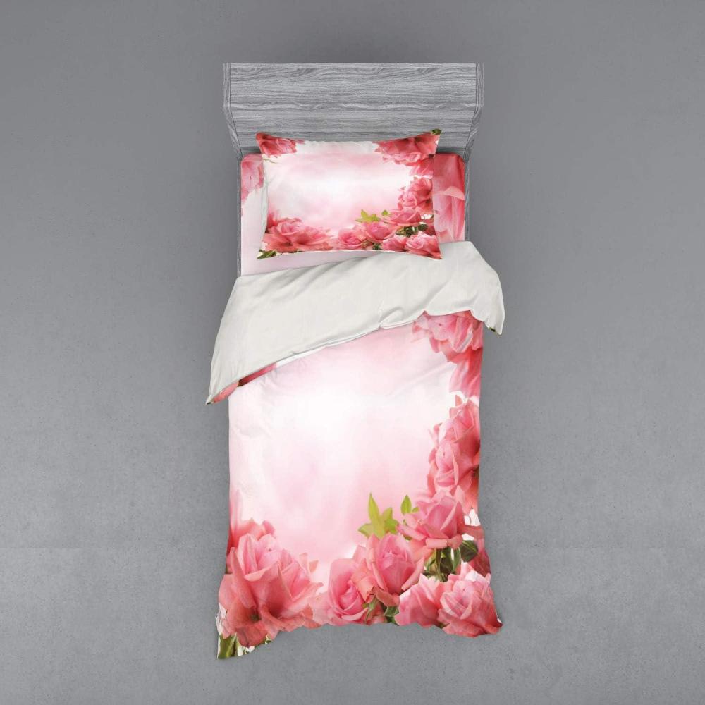 imageAmbesonne Valentine Bedding Set Framework with Romantic Roses with Leaves Bridal Wedding Marriage Corsage 4 Piece Duvet Cover Set with Shams and Fitted Sheet California King Pink Coral GreenPink Coral Green