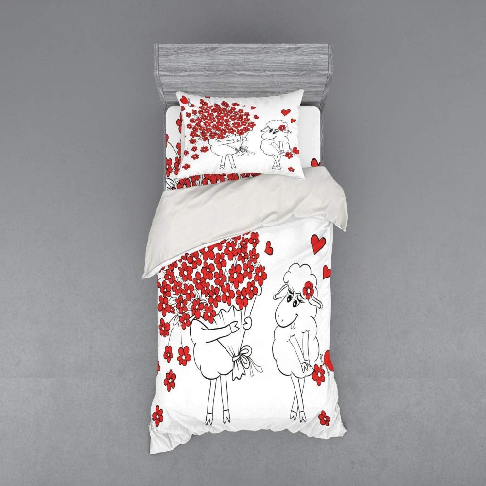 imageAmbesonne Valentine Bedding Set Lover Goats Bunch of Heart Bouquet Valentines Honeymoon Wedding Caricature Graphic 4 Piece Duvet Cover Set with Shams and Fitted Sheet California King Red WhiteRed White