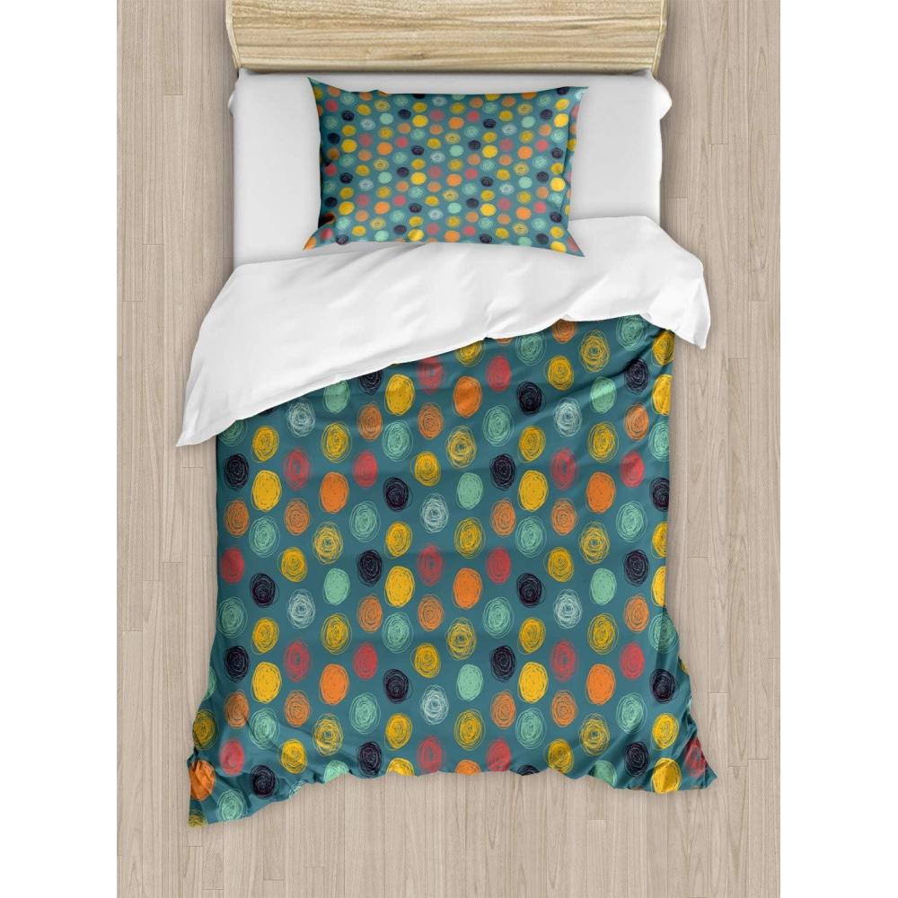 imageAmbesonne Valentine Duvet Cover Set Big Little Heart Motifs on Colorful Background with Dots Romance Love Theme Decorative 3 Piece Bedding Set with 2 Pillow Shams Queen Size Pink GreenSlate Blue