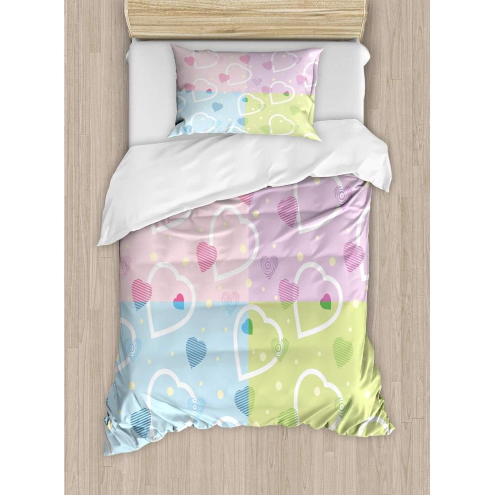 imageAmbesonne Valentine Duvet Cover Set Big Little Heart Motifs on Colorful Background with Dots Romance Love Theme Decorative 3 Piece Bedding Set with 2 Pillow Shams Queen Size Pink GreenPink Green