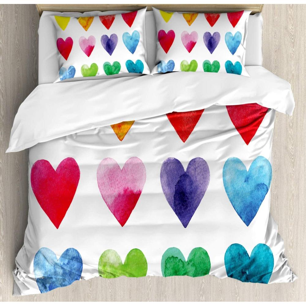 imageAmbesonne Valentine Duvet Cover Set Rainbow Colored Heart Shapes in Watercolors Hand Drawn Romantic Illustration Decorative 3 Piece Bedding Set with 2 Pillow Shams Queen Size Multicolor
