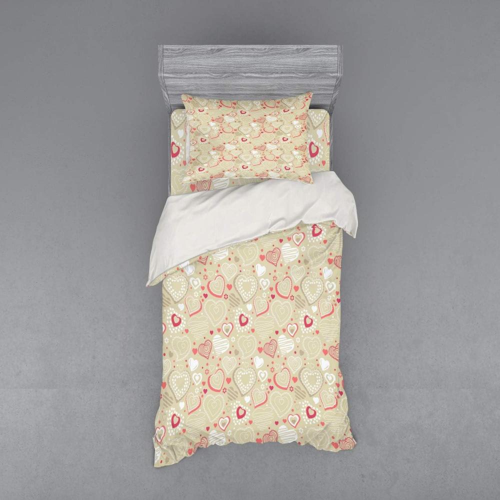 imageAmbesonne Valentines Bedding Set Doodle Style Abstract Heart Shapes with Love and Affection Theme 4 Piece Duvet Cover Set with Shams and Fitted Sheet King Size Beige Dark Coral WhiteBeige Dark Coral White