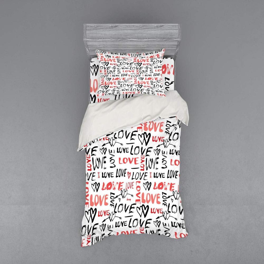 imageAmbesonne Valentines Bedding Set Hand Drawn Love Lettering Doodle Style Design with Brush Stroke Effect 4 Piece Duvet Cover Set with Shams and Fitted Sheet King Size Black Red WhiteBlack Red White
