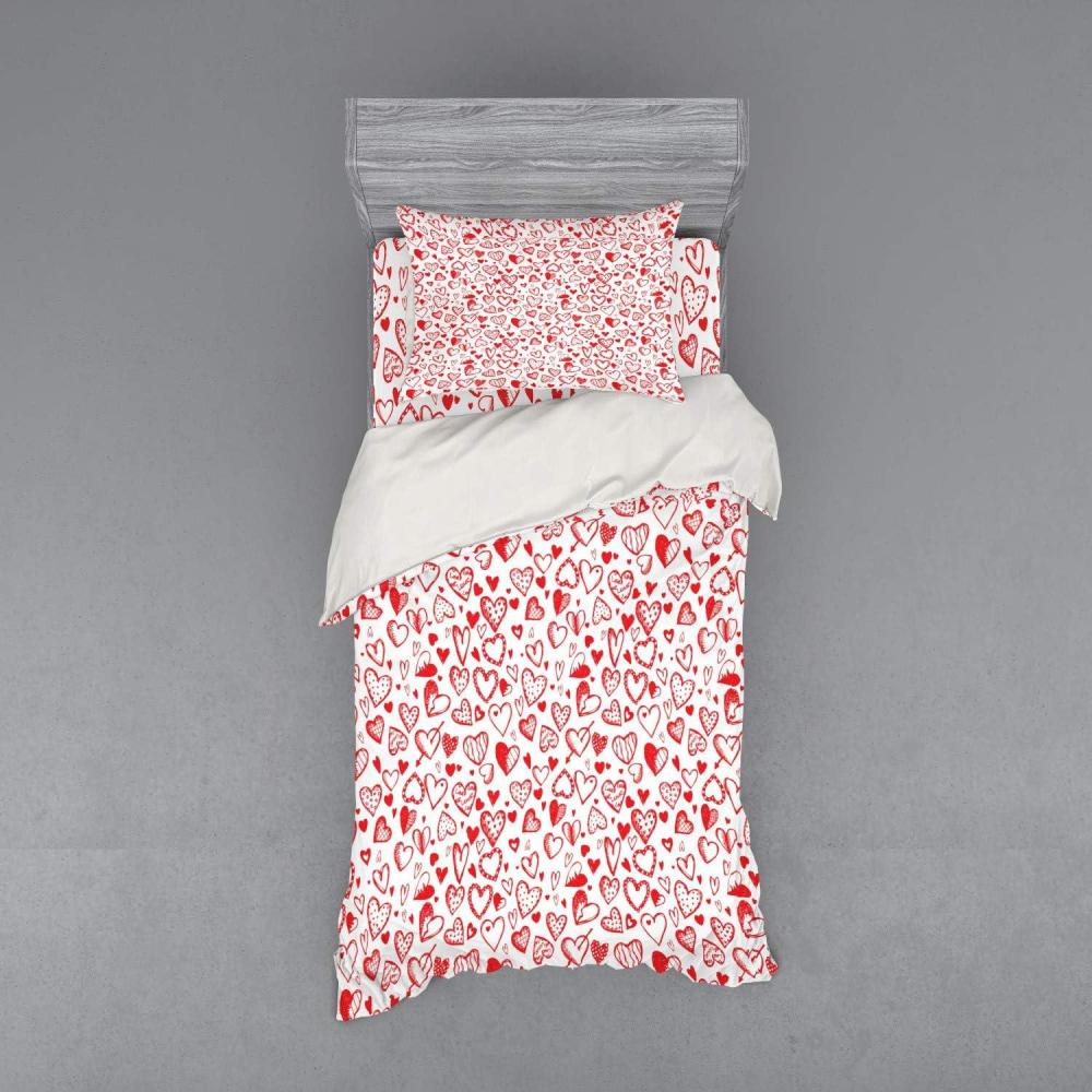 imageAmbesonne Valentines Bedding Set Red and White Pattern with Sketchy Hearts Dots Arrows Romance and Love Theme 4 Piece Duvet Cover Set with Shams and Fitted Sheet California King Scarlet WhiteScarlet White