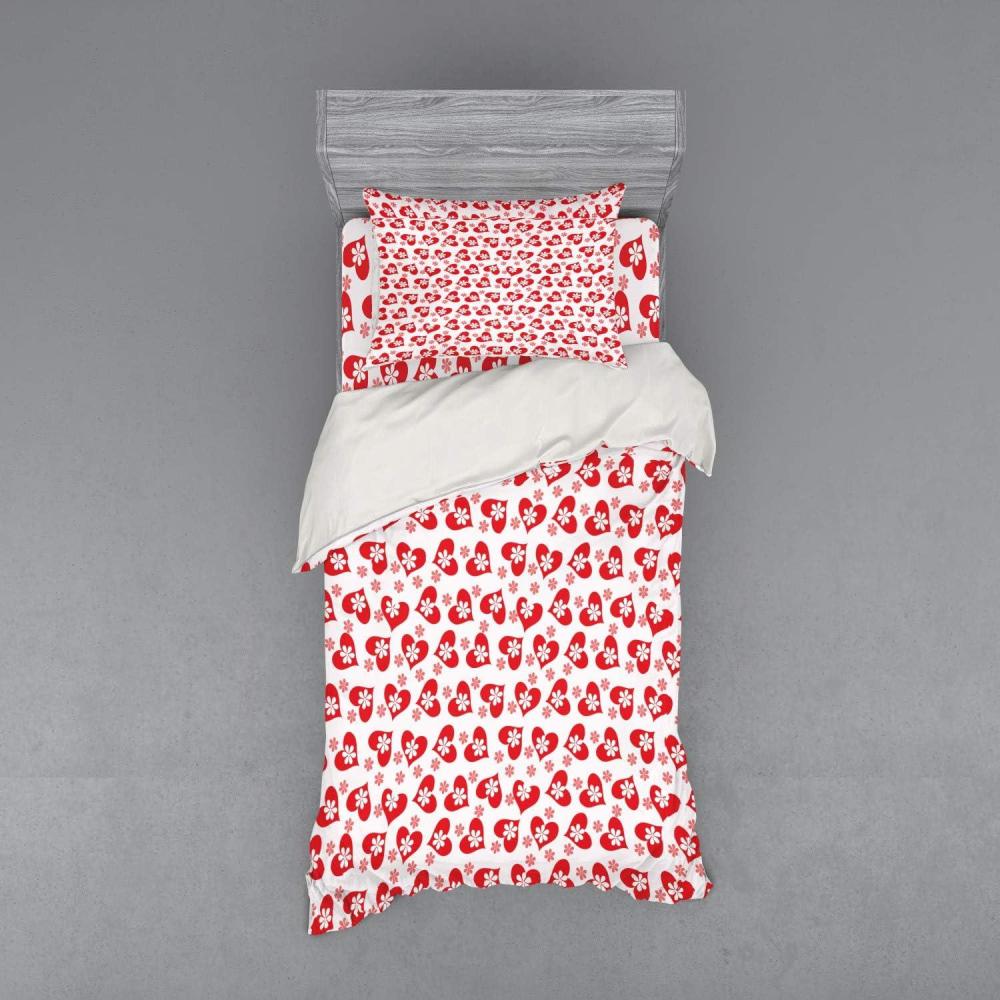 imageAmbesonne Valentines Bedding Set Romantic Feelings Illustration with Hearts and Flowers Valentines Day 3 Piece Duvet Cover Set with Sham and Fitted Sheet Twin XL Size Dark Coral WhiteDark Coral White