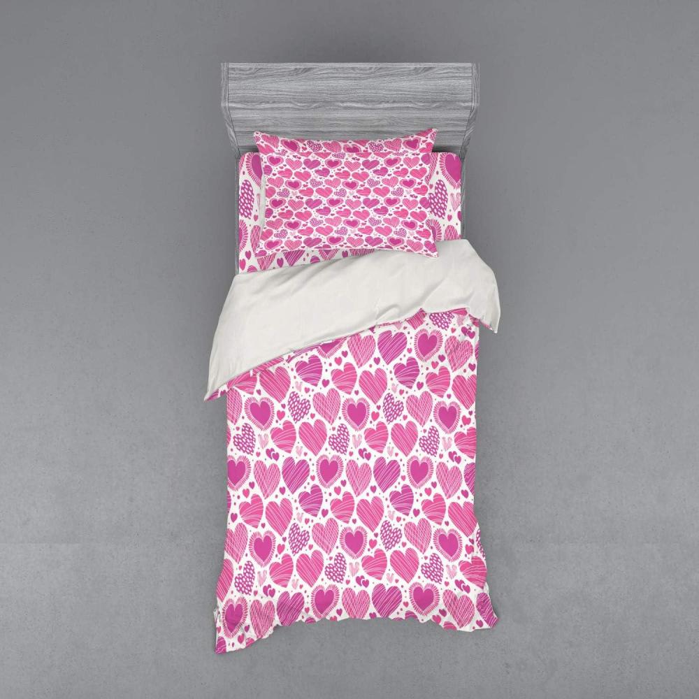 imageAmbesonne Valentines Bedding Set Romantic Heart Shapes with Many Different Designs Polka Dots Crossed Lines 4 Piece Duvet Cover Set with Shams and Fitted Sheet California King Hot Pink WhiteHot Pink White