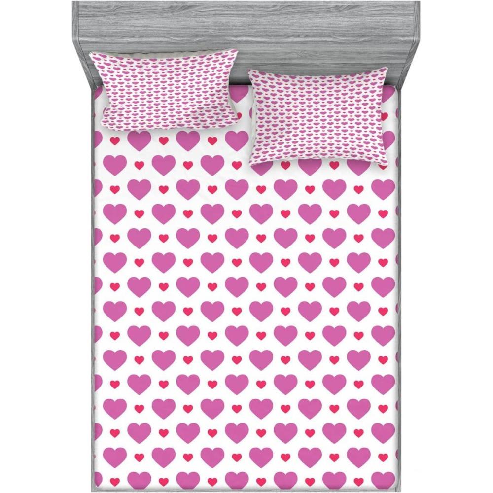imageAmbesonne Valentines Day 2 Pack Fitted Sheet amp Pillow Sham Set Simplistic Hearts 4 Pcs Bedding Decor Package Contains 2 Full Size Fitted Sheets amp 4 Pillow Covers Fuchsia and Dark Pink
