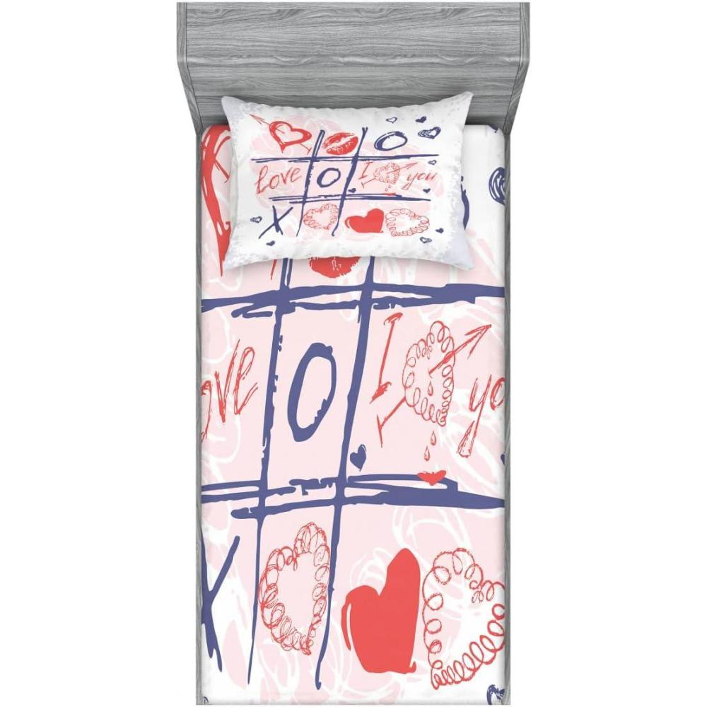 imageAmbesonne Valentines Day 2 Pack Fitted Sheet amp Pillow Sham Set XOXO Game with Lips 4 Pcs Bedding Decor Package Contains 2 Twin XL Size Fitted Sheets amp 2 Pillow Covers Blue Red and White