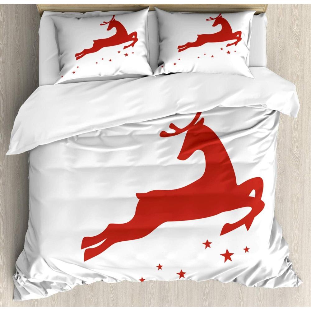 imageAmbesonne Valentines Day Duvet Cover Set Jumping Reindeer Leaving a Starry Trace Behind Popular Christmas Character Decorative 3 Piece Bedding Set with 2 Pillow Shams Queen Size Red