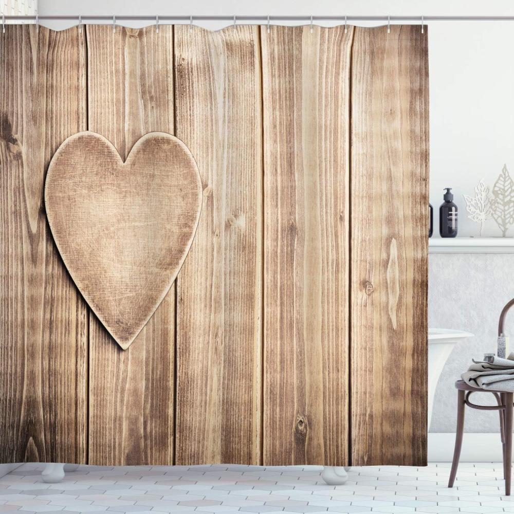 imageAmbesonne Valentines Day Shower Curtain Rustic Heart Over Wooden Planks Background Lovers Corner Romantic Celebration Print Cloth Fabric Bathroom Decor Set with Hooks 69 W x 70 L Tan