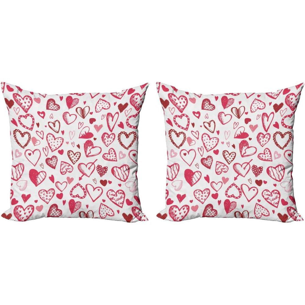 imageAmbesonne Valentines Throw Pillow Cover Set of 2 Doodle Style Hearts with Different Designs Romantic Inspirations for Art Decorative Square Covers for Couch Bed amp Sofa 24x24 Black Red PinkRuby Pink White
