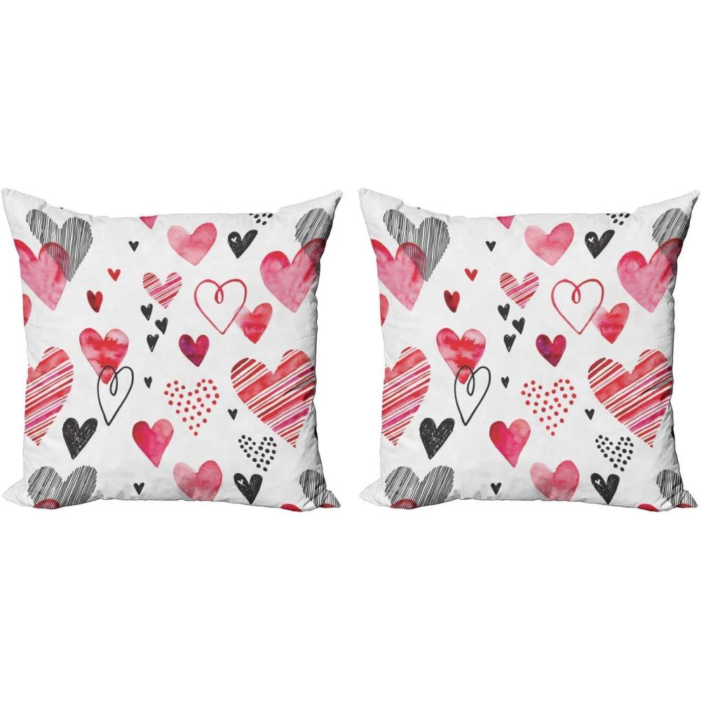 imageAmbesonne Valentines Throw Pillow Cover Set of 2 Doodle Style Hearts with Different Designs Romantic Inspirations for Art Decorative Square Covers for Couch Bed amp Sofa 24x24 Black Red PinkBlack Red Pink