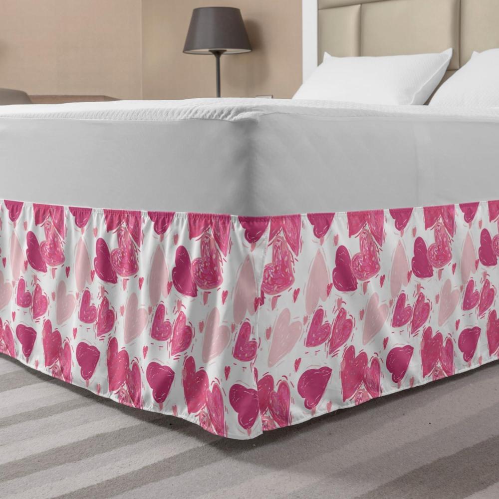 imageAmbesonne Vintage Valentine Bedskirt Hand Drawn Irregular Hearts in Pink Color Palette Bedroom Decor Wrap Around Elastic Bed Skirt Gathered Design King Pink and Rose