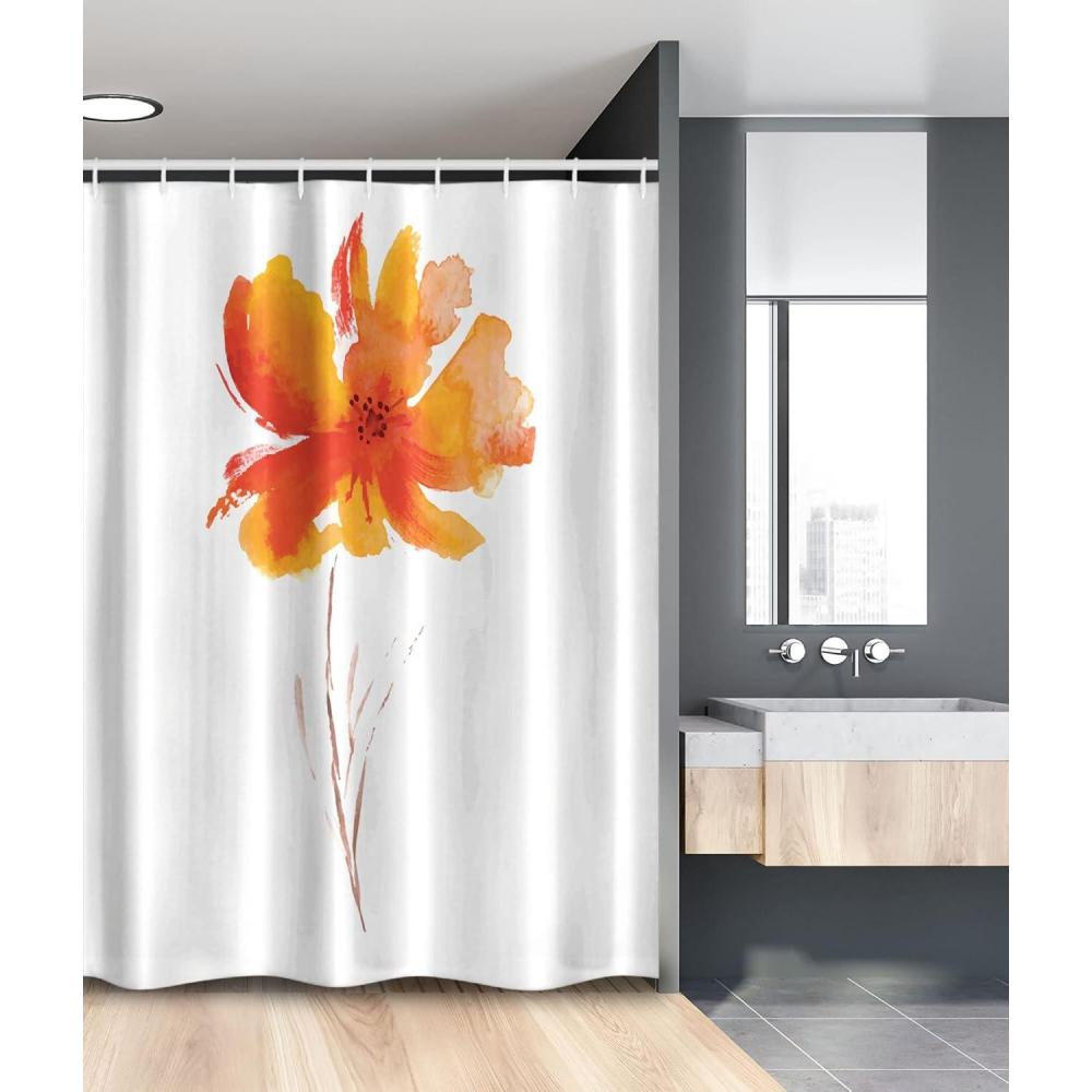 imageAmbesonne Watercolor Flower Stall Shower Curtain Single Poppy Flower on Plain Clear Background Nature Inspired Romantic Fabric Bathroom Decor Set with Hooks 54 W x 78 L White Orange