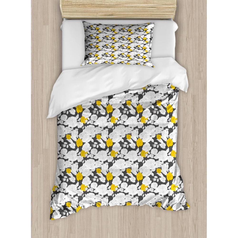 imageAmbesonne Watercolor Flowers Duvet Cover Sets Classical Feminine Rose Branch Bouquet Romantic Essence Valentines Bedding Set with 2 Duvet Covers amp 2 Pillowcases 2 Pack Twin Size Violet BlueCharcoal Grey Yellow