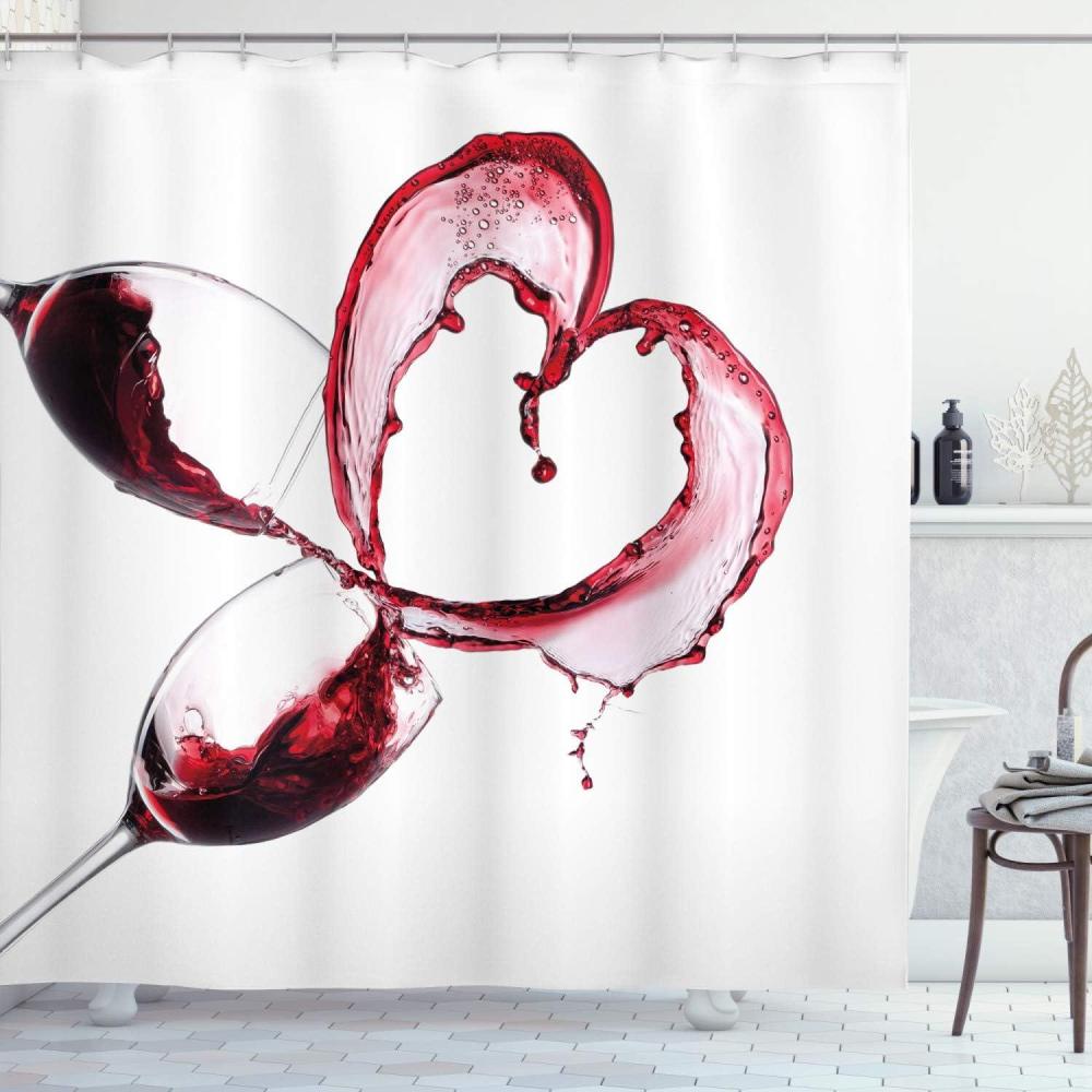 imageAmbesonne Wine Shower Curtain Heart Shape Spilling Red Drink in Glasses Romantic Valentines Day Concept Cloth Fabric Bathroom Decor Set with Hooks 69 W x 84 L Burgundy White Pink