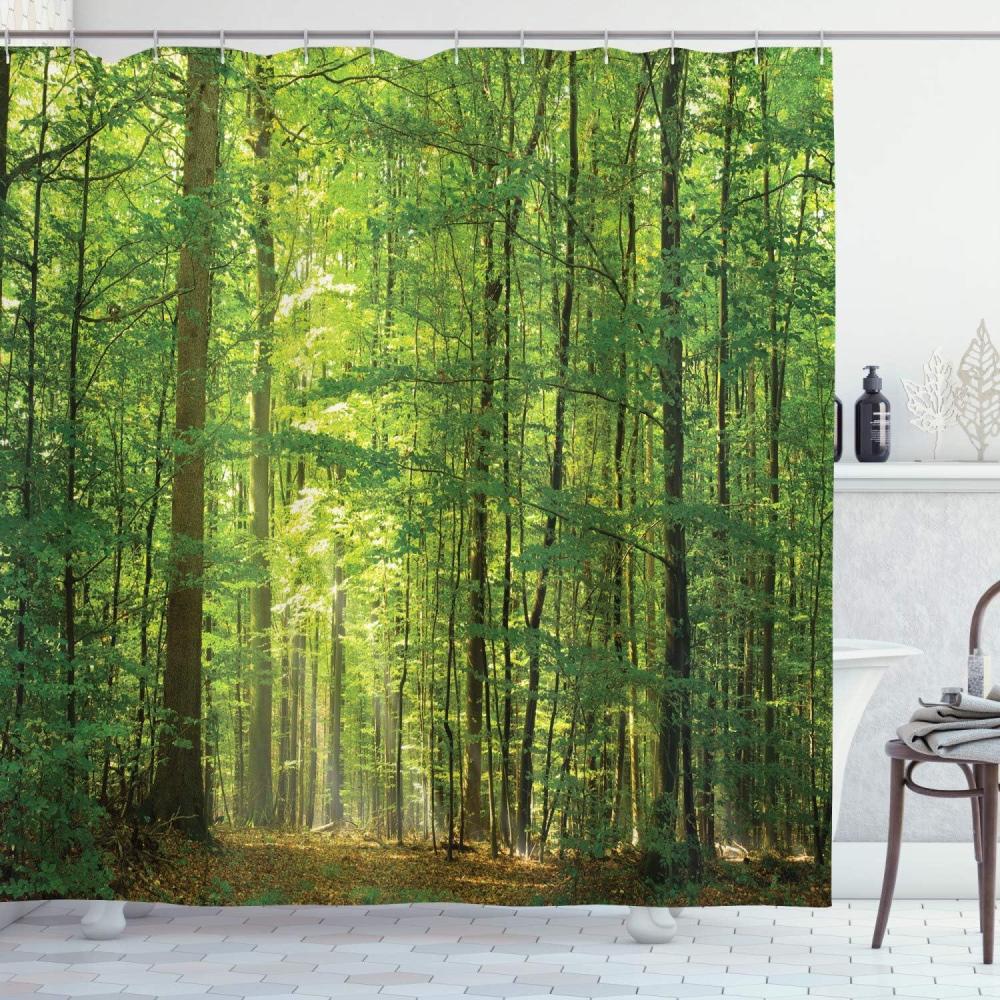 imageAmbesonne Woodland Shower Curtain Deciduous Forest Trees in Summertime Foliage Sun Rays Romantic Holidays Scenic Image Cloth Fabric Bathroom Decor Set with Hooks 69 W x 84 L Bamboo Green