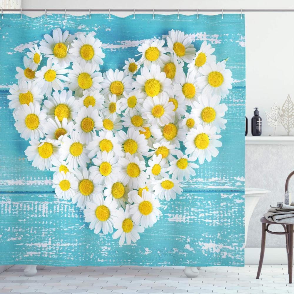 imageAmbesonne Yellow and Blue Shower Curtain Heart Shaped Daisy Flowers Romantic Lovers Chamomile Blossoms Print Cloth Fabric Bathroom Decor Set with Hooks 69 W x 70 L Sky Blue White