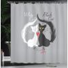 Ambesonne Cat Shower Curtain, Pair of Cats in Love Having Eaten Fish Red Heart Romantic Black and White Kitties, Cloth Fabric Bathroom Decor Set with Hooks, 69″ W x 70″ L, Black White Grey