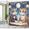Ambesonne Cat Shower Curtain, Romantic Date Night of Kitties Drinking Milkshake Cozy Night Scene Valentines, Cloth Fabric Bathroom Decor Set with Hooks, 69″ W x 70″ L, Dark Blue Apricot