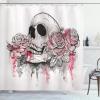 Ambesonne Day of The Dead Shower Curtain, Print Skull Shape Romantic Roses Celebration Day Print, Cloth Fabric Bathroom Decor Set with Hooks, 69″ W x 70″ L, White Pale Pink Black