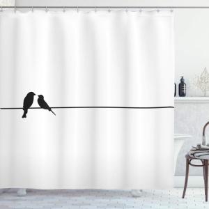 Ambesonne Bird on a Wire Shower Curtain, Minimal Contemporary Love Themed Art with Romantic Dove Silhouettes, Cloth Fabric Bathroom Decor Set with Hooks, 69″ W x 70″ L, Charcoal Grey White