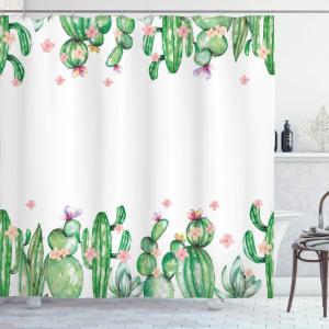Ambesonne Cactus Shower Curtain, Mexico Style Romantic Tender Blossoms and Barren Heath Natural Vegetation, Cloth Fabric Bathroom Decor Set with Hooks, 69″ W x 75″ L, Green Coral Lavender