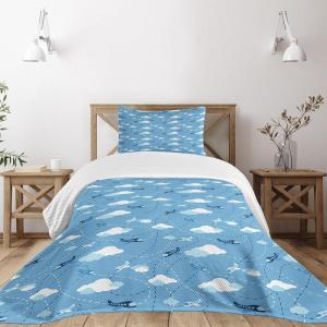 Ambesonne Cartoon Airplane Bedspread Set, Cloudy Atmosphere Sky Scenario Plane Pattern with Cold Tones Art, 3 Piece Decorative Bedding Coverlet and 2 Pillow Shams, Twin Size, Dark Blue White Blue(Dark Blue White Blue)