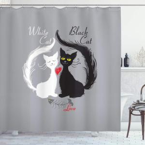 Ambesonne Cat Shower Curtain, Pair of Cats in Love Having Eaten Fish Red Heart Romantic Black and White Kitties, Cloth Fabric Bathroom Decor Set with Hooks, 69″ W x 70″ L, Black White Grey
