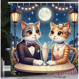 Ambesonne Cat Shower Curtain, Romantic Date Night of Kitties Drinking Milkshake Cozy Night Scene Valentines, Cloth Fabric Bathroom Decor Set with Hooks, 69″ W x 70″ L, Dark Blue Apricot