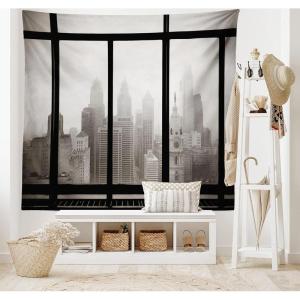Ambesonne City Tapestry, Philadelphia City Rooftop View Through Window Skyline Landmark Rooftop Travel, Wide Wall Hanging for Bedroom Living Room Dorm, 60″ X 40″, Grey Black