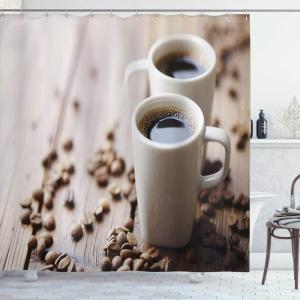 Ambesonne Coffee Shower Curtain, Espresso in Cups on Wooden Table with Beans Hot Drink for Romantic Couples, Cloth Fabric Bathroom Decor Set with Hooks, 69″ W x 70″ L, Cocoa Brown White