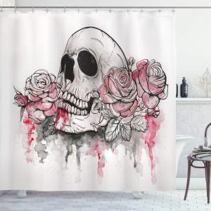 Ambesonne Day of The Dead Shower Curtain, Print Skull Shape Romantic Roses Celebration Day Print, Cloth Fabric Bathroom Decor Set with Hooks, 69″ W x 70″ L, White Pale Pink Black