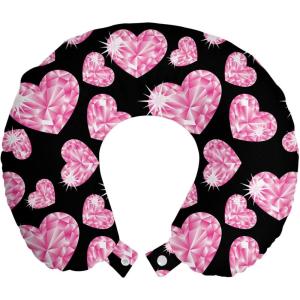 Ambesonne Diamonds Travel Pillow Neck Rest, Romantic Pink Heart Stones on Black Background Valentines Day Theme, Memory Foam Traveling Accessory for Airplane and Car, 12″, Pale Pink Black(Pale Pink Black)